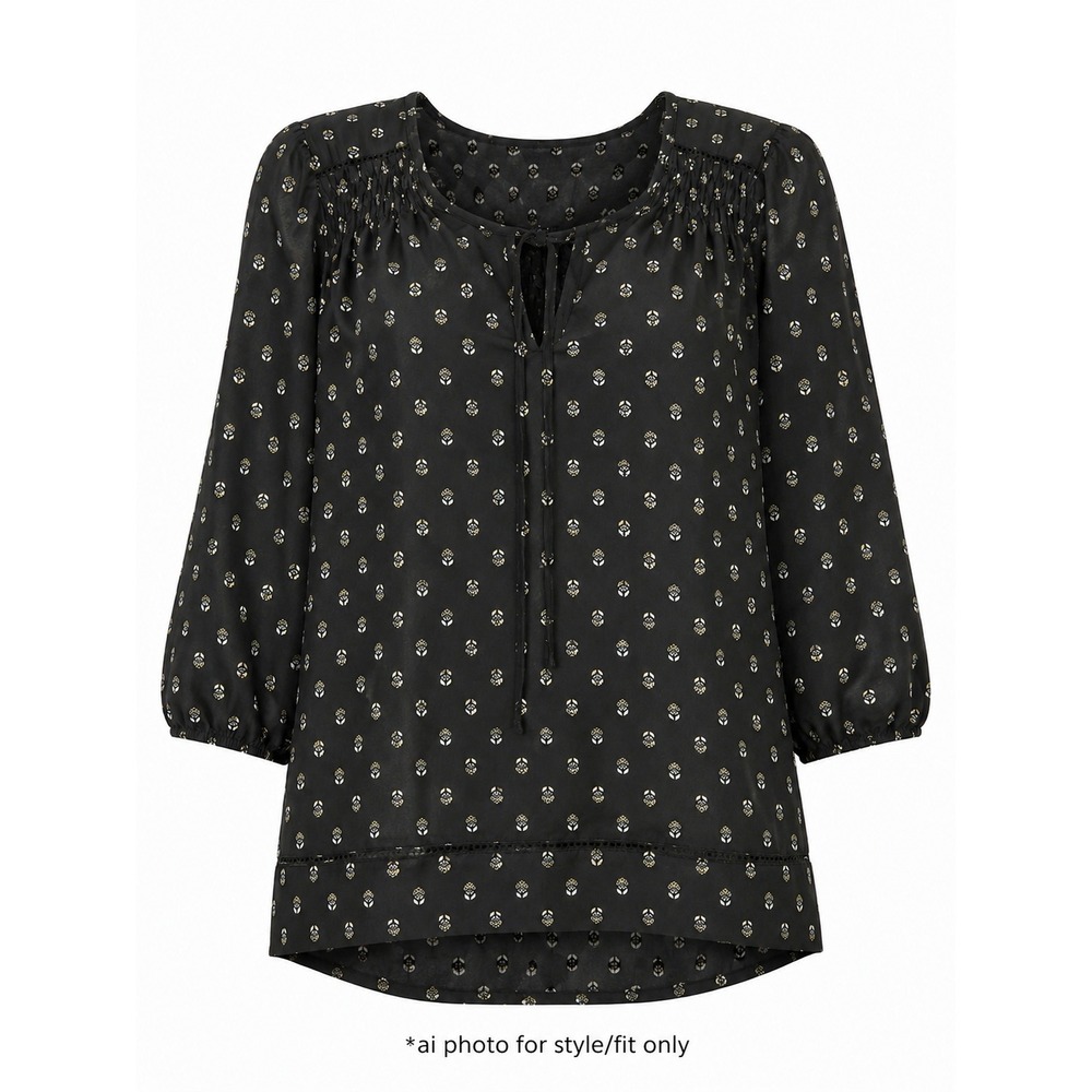 Princess Vera Wang Peasant Blouse Women'sā XL Black Floral Tie Neck Boho Top